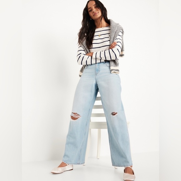 Old navy mid-rise ripped baggy wide-leg jeans light distressed - Picture 3 of 9